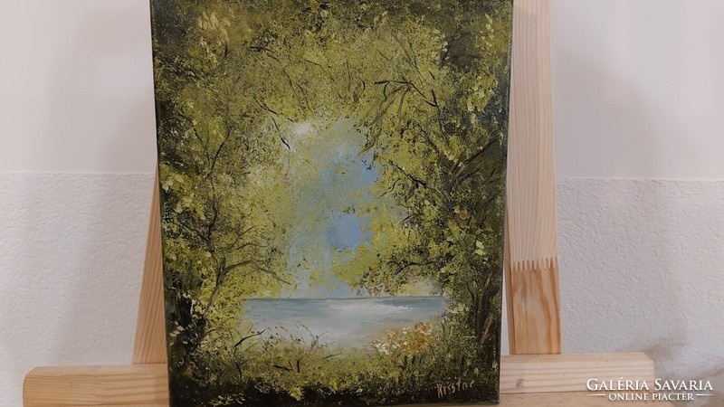 (K) Tájkép festmény, vízpart, erdő 25x30 cm