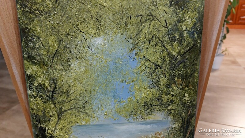 (K) landscape painting, waterfront, forest 25x30 cm