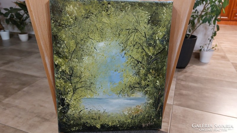 (K) landscape painting, waterfront, forest 25x30 cm