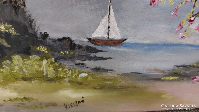 (K) landscape painting, waterfront with small boat 20x30 cm