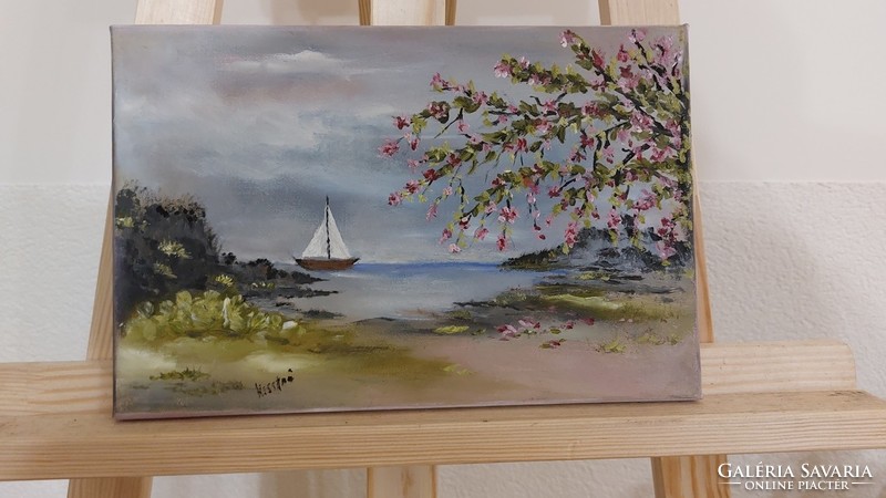 (K) landscape painting, waterfront with small boat 20x30 cm