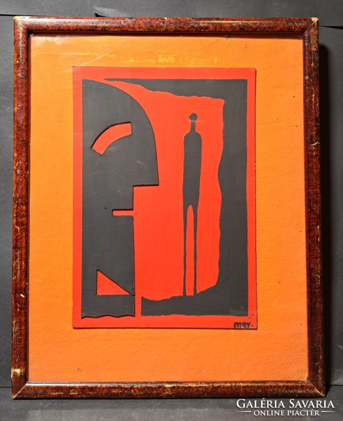 Szembenézés önmagammal - M.Gy. jelzéssel, modern piros absztrakt, kollázs, karton, tempera