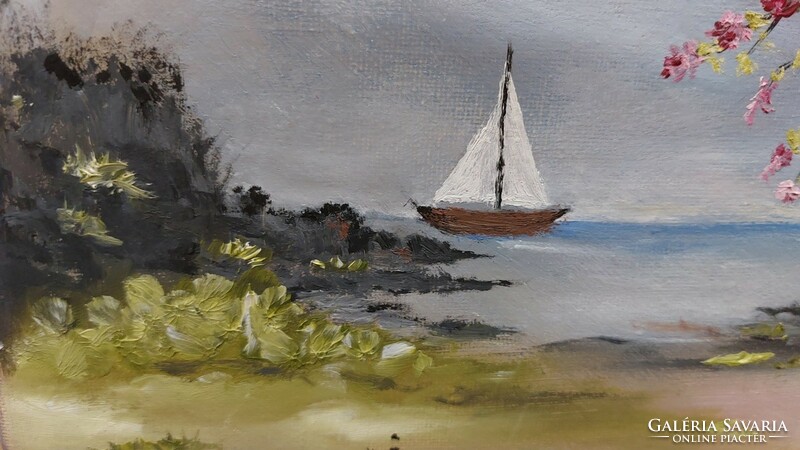 (K) Tájkép festmény, vízpart kis hajóval 20x30 cm