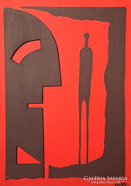 Facing myself - m.Gy. With markings, modern red abstract, collage, cardboard, tempera