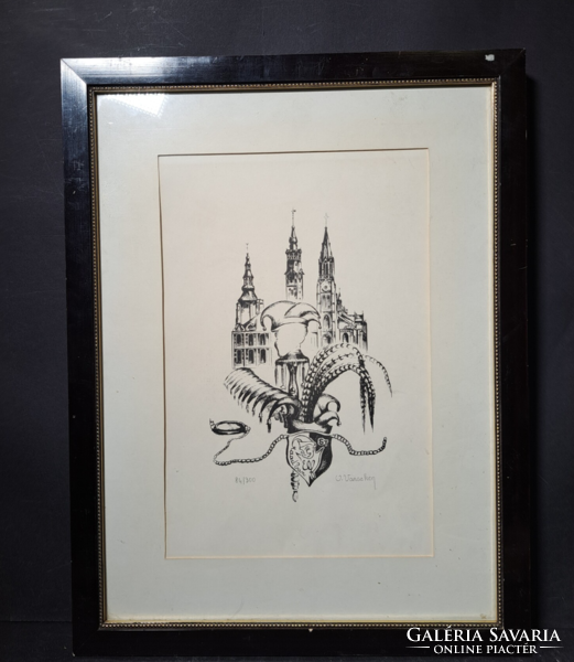 V. Vanaeken: court fool coat of arms with church - screen print (full size 33x43 cm)