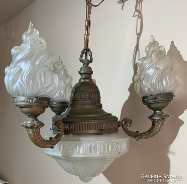 3-arm antique bronze chandelier with flame shade