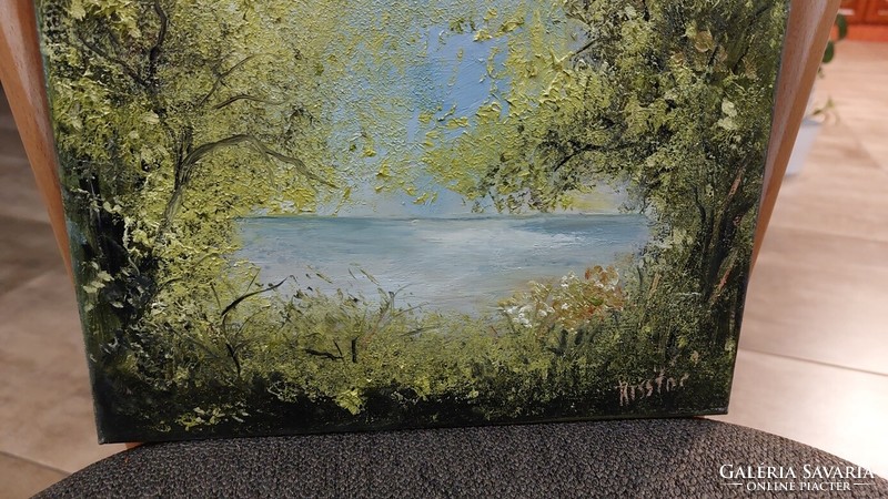 (K) landscape painting, waterfront, forest 25x30 cm