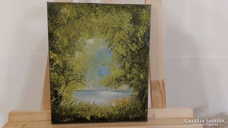 (K) Tájkép festmény, vízpart, erdő 25x30 cm