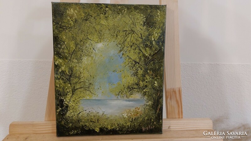 (K) landscape painting, waterfront, forest 25x30 cm