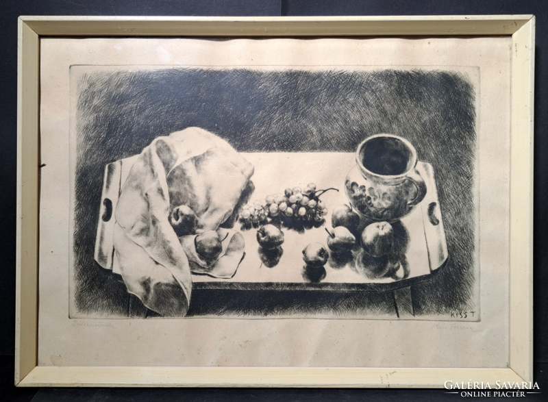 Kiss Terézia: Csendélet szőlővel, almákkal és kancsóval - Tálcás asztalka (Teljes méret 34x47 cm)