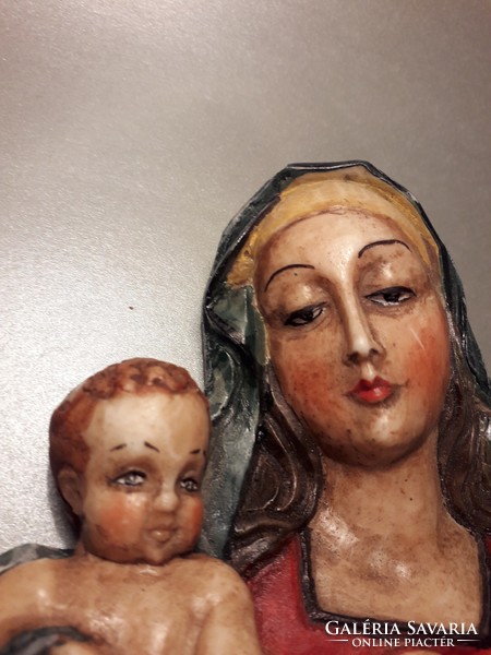 ÁRESÉS!!! Antik viasz Mária a kisdeddel fali dísz festett szent ereklye függeszthető karácsonyfadísz