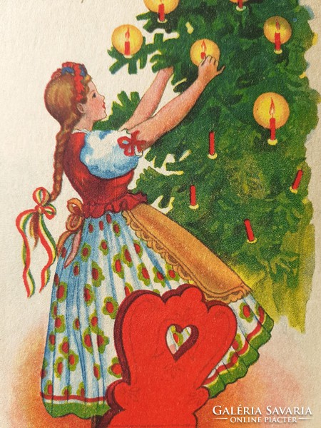Régi karácsonyi képeslap 1940 körül népviseletes rajzos levelezőlap