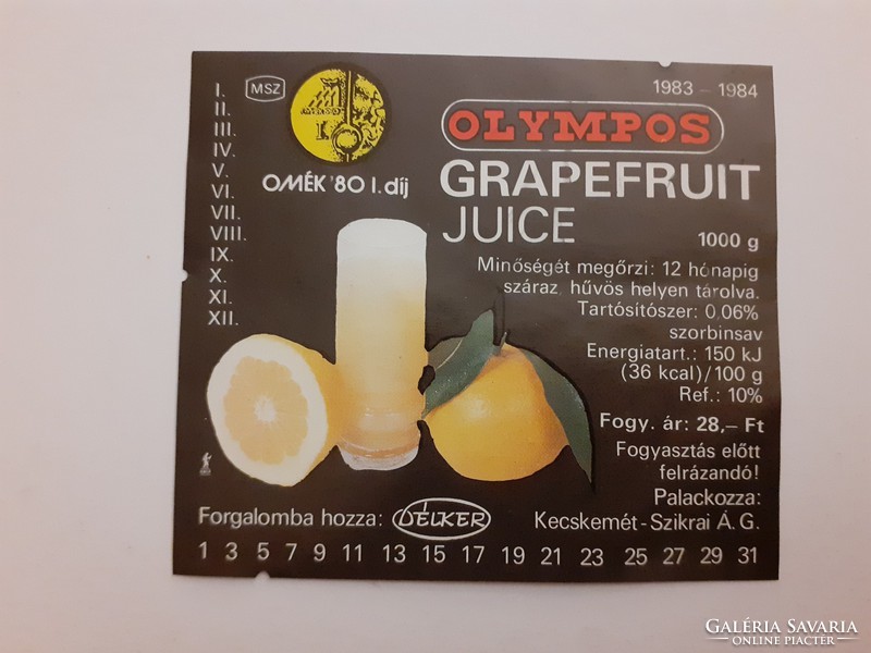 Retro syrupy glass label 1983 olympos grapefruit juice label