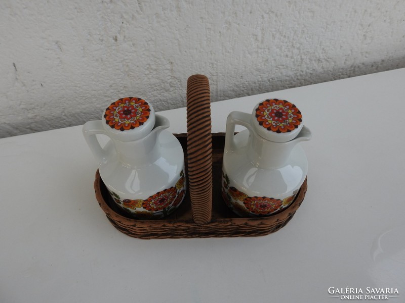 Brazilian schmidt table spice holder with oil and vinegar in a porcelain basket