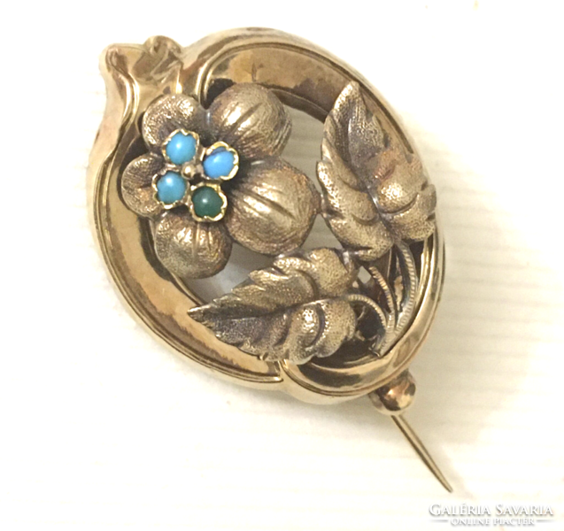 Biedermeier gold flower brooch turquoise antique