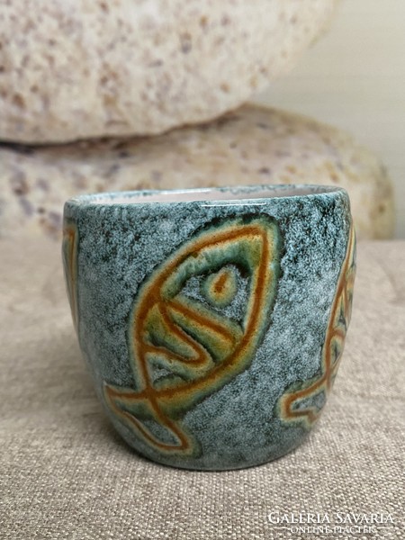 Painted - glazed fish pattern ceramic candle holder a34