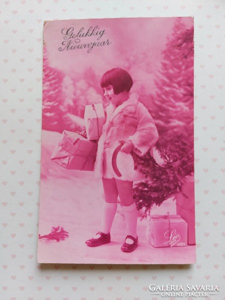 Old New Year's card paris photo postcard little girl lucky horseshoe