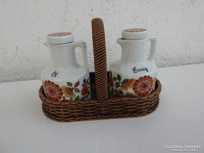 Brazilian schmidt table spice holder with oil and vinegar in a porcelain basket