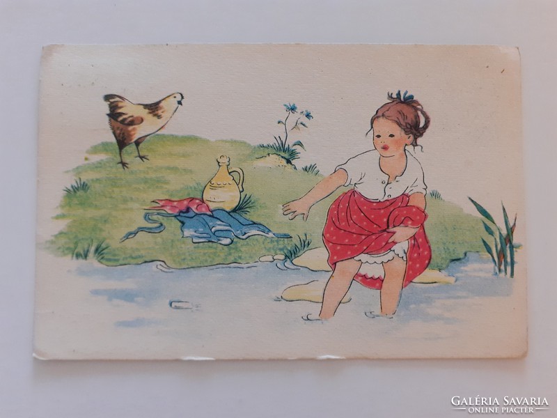 Old postcard 1954 waterfront hen little girl style postcard
