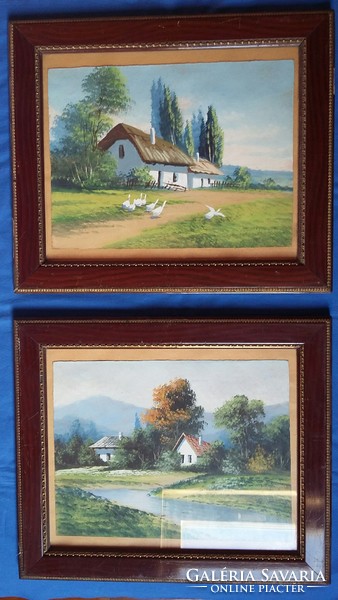 Without a watercolor name depicting two farm landscapes, in the same frame