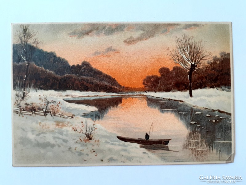 Old postcard winter landscape sunset postcard