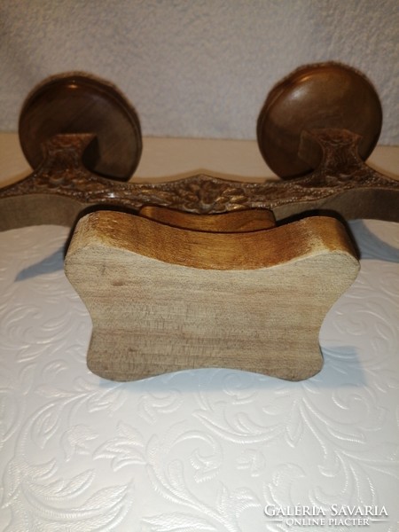 Table, wooden, two-prong candle holder, decoration.