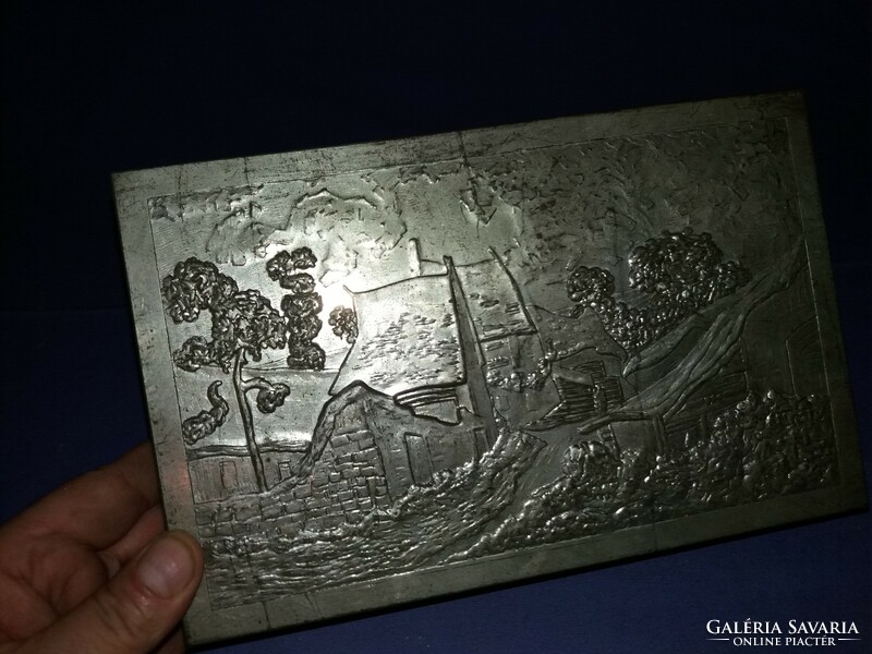 Gyönyörű antik fémfedeles tájképes dísz doboz szivar  / kártyadoboz 22 x 4,5 x 14 cm a képek szerint