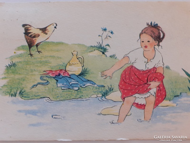 Régi képeslap 1954 vízpart tyúk kislány rajzos levelezőlap