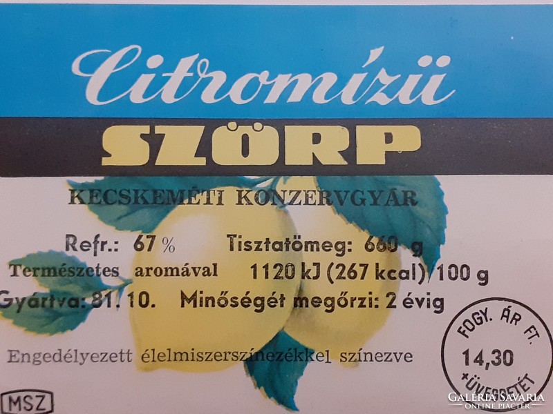 Retro szörpös üvegcímke 1981 Citromízű szörp címke