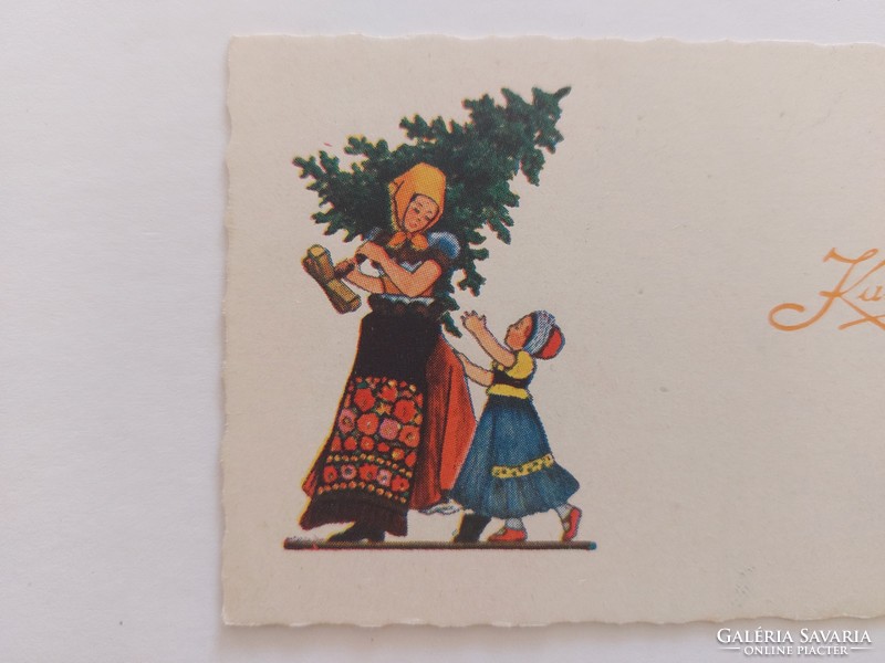 Old Christmas mini postcard greeting card in folk costume with pine tree