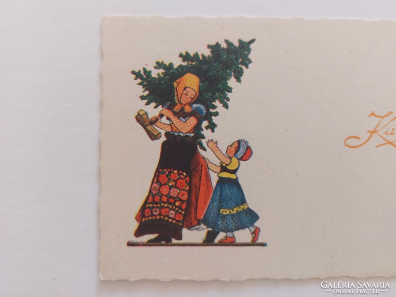 Régi karácsonyi mini képeslap üdvözlőkártya népviselet fenyőfa