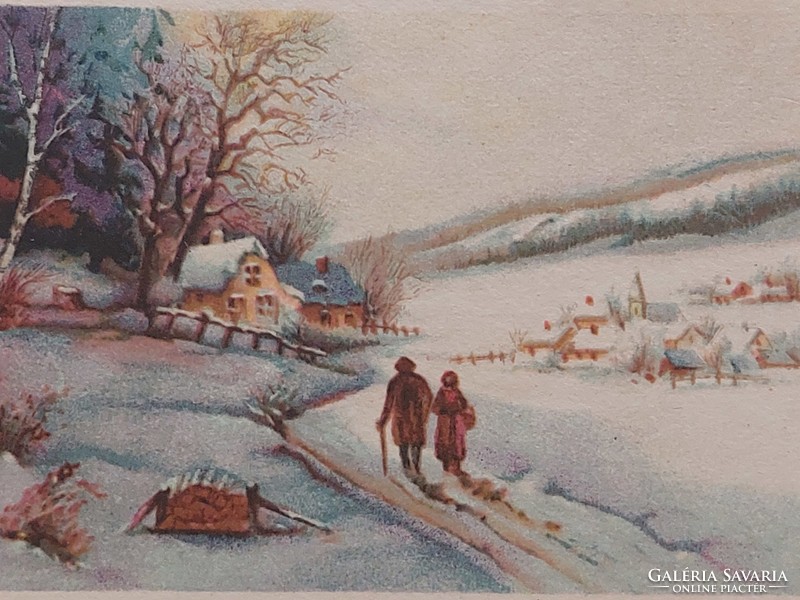 Régi karácsonyi mini képeslap üdvözlőkártya havas táj házikók