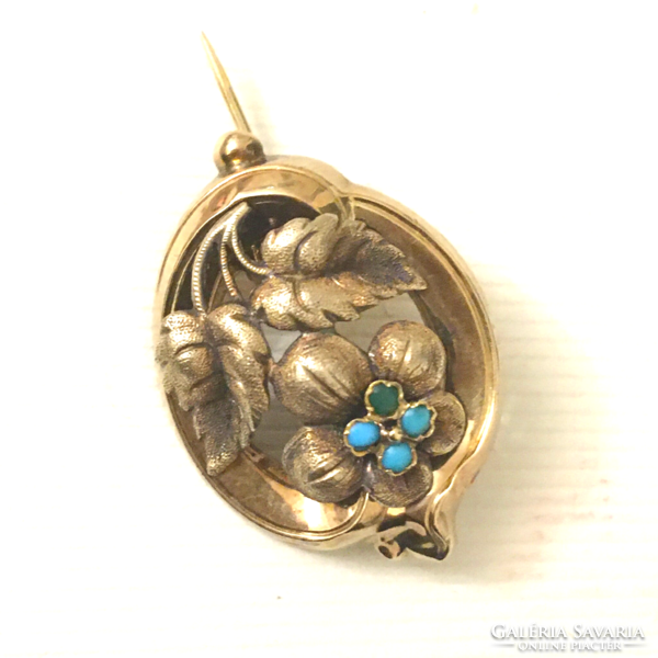Biedermeier gold flower brooch turquoise antique