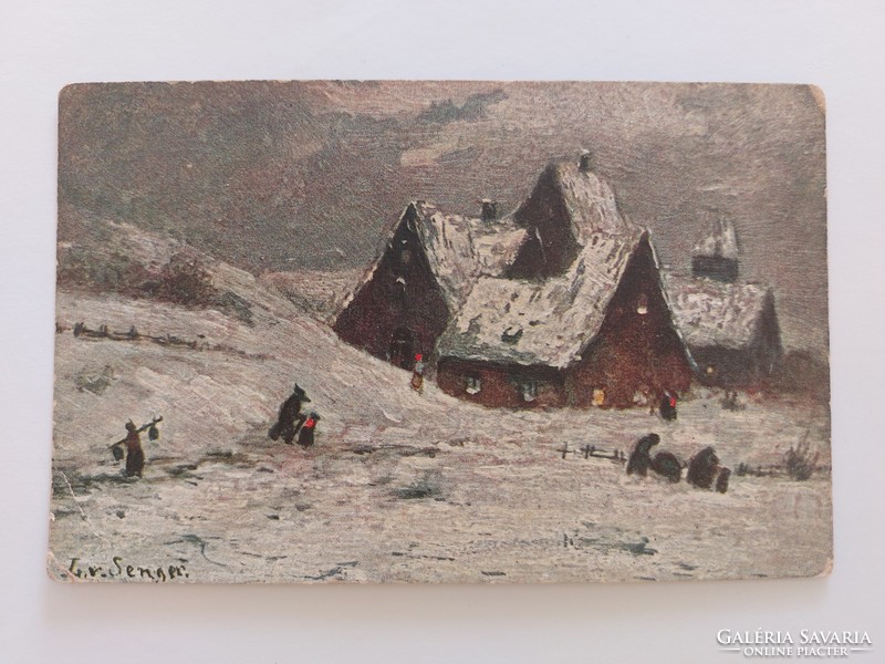 Old postcard ölgemälde postcard snowy landscape winter rural life