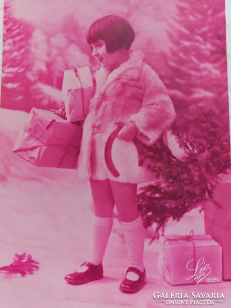 Régi újévi képeslap Paris fotó levelezőlap kislány szerencsepatkó