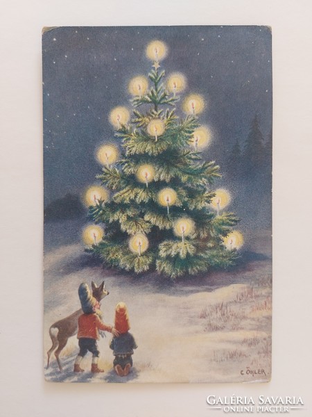 Old Christmas postcard from 1930 Öhler art card postcard dwarf deer christmas tree
