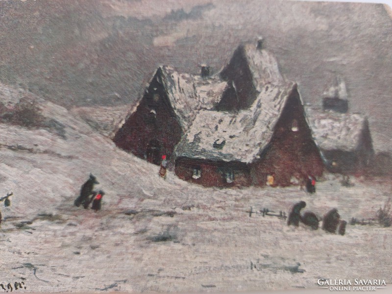 Régi képeslap ölgemälde levelezőlap havas táj téli vidéki életkép
