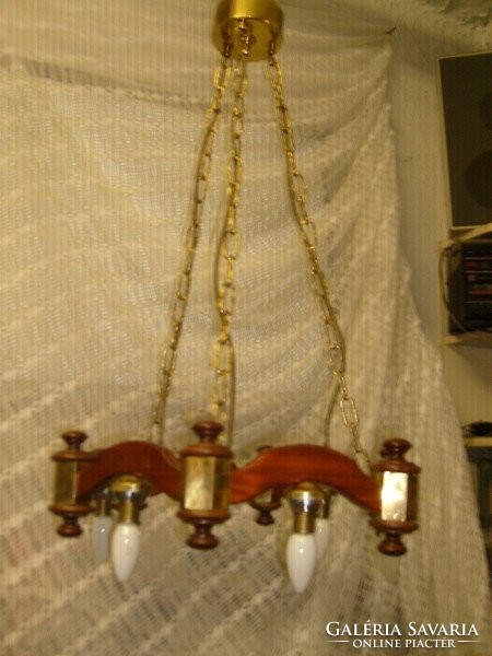 Monumental 6-burner long chandelier for hunting lodge with bent wood + copper combination 88 x 53 cm for sale