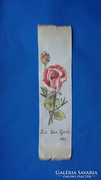 Church painted silk bookmark with rose pattern - soli deo gloria, 1961. From 1961