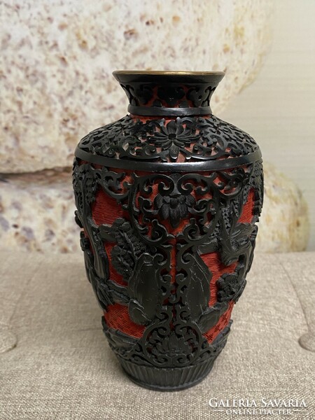 Chinese cinnabar fire enamel - lacquer vase a34