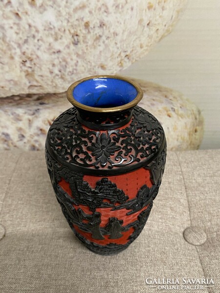 Chinese cinnabar fire enamel - lacquer vase a34