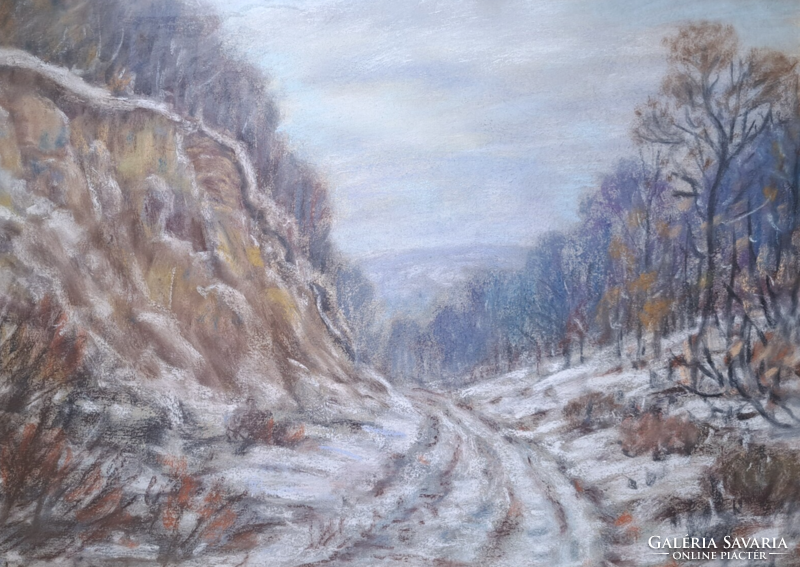 Lajos Kovács: maiden village - winter landscape, pastel