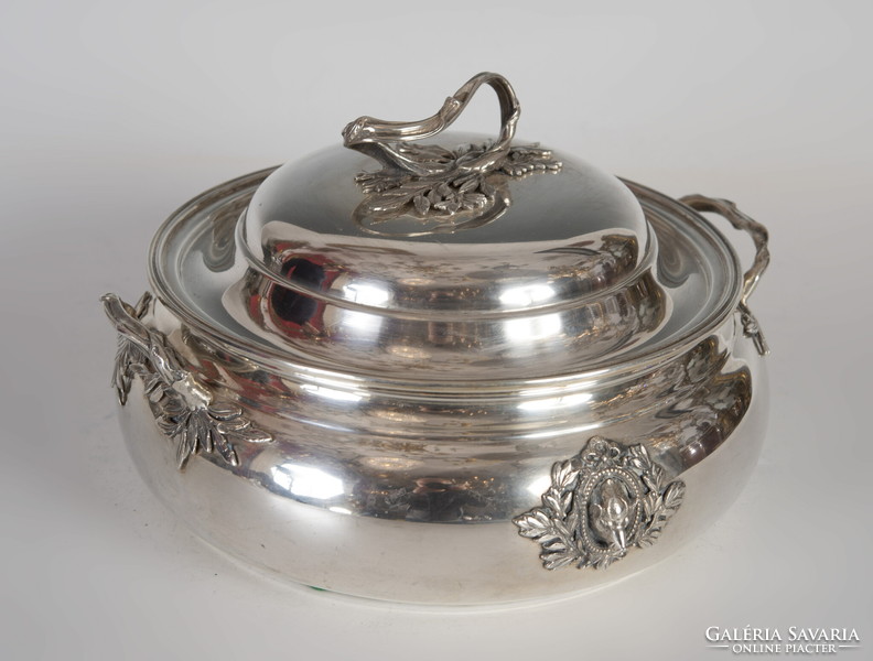 Silver covered bowl with leaf pattern tongs, wild boar decoration