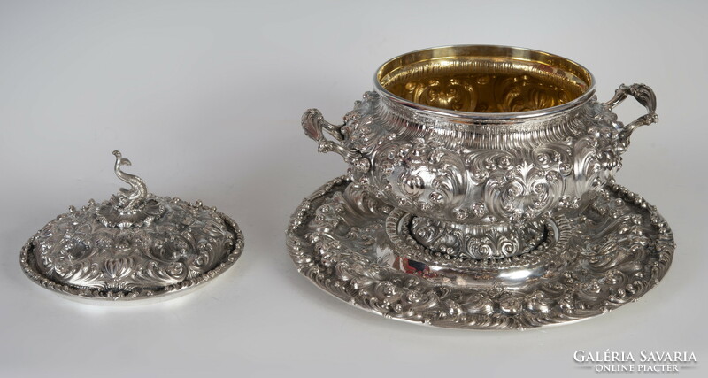 Silver neo-baroque lidded bowl with coaster, dolphin tongs on top
