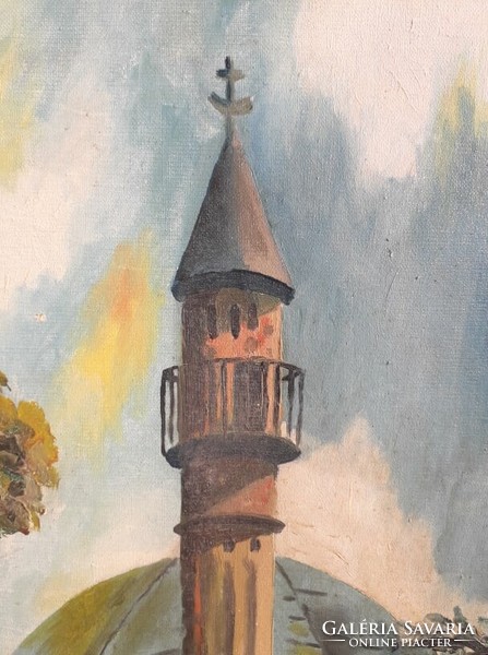 Pécs, Hassan of Jakovali - mosque and minaret. / Painting.