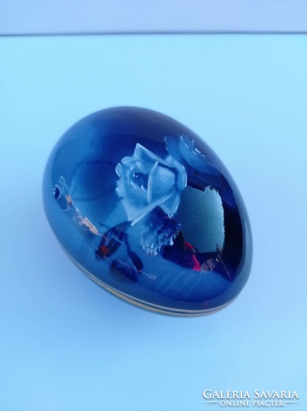 Csehszlovák, kobalt kék, rózsás porcelán bonbonier Limitált, sorszámozott