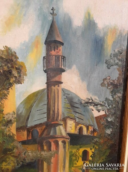 Pécs, Hassan of Jakovali - mosque and minaret. / Painting.