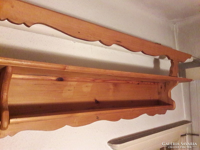 Antique old huge 240 cm wall-mounted natural pine bowl and plate shelf, renovated in perfect condition
