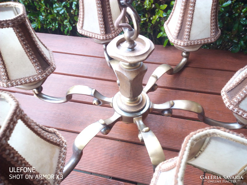 Copper chandelier for sale, with oak inserts. Heavy piece.