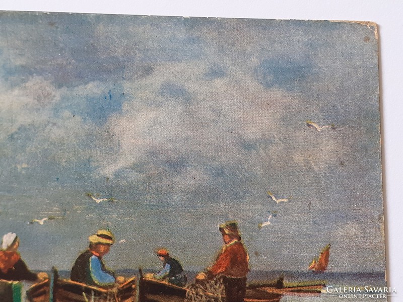 Old postcard with boat fishermen picture postcard art card